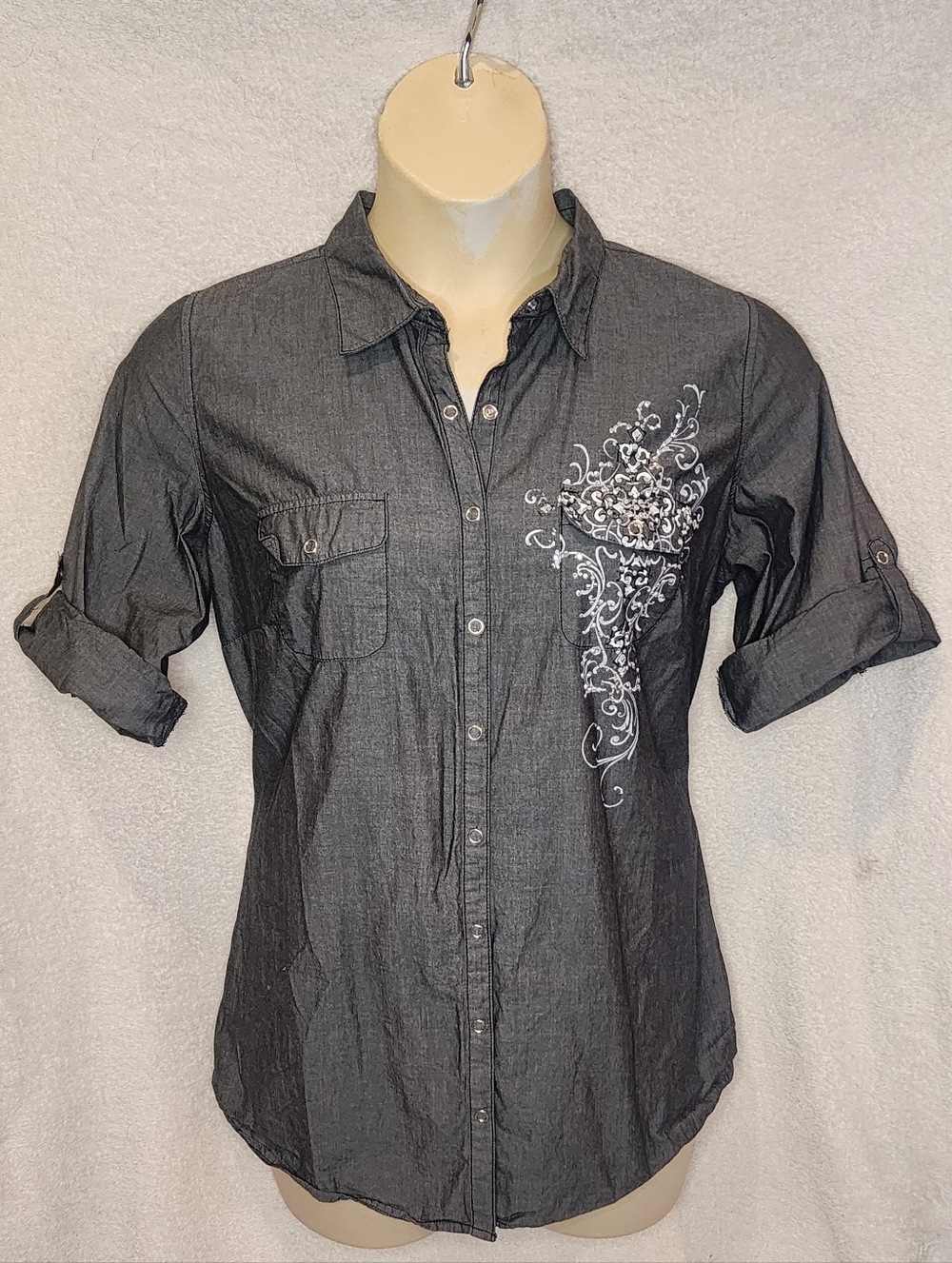 Maurices Black Button-Down Shirt with White Embroidered Flourish
